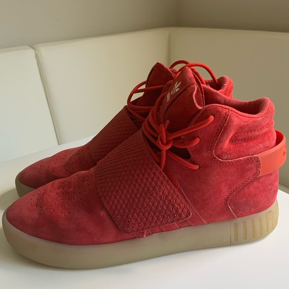 Adidas Originals Tubular Invader Strap Bb5039 Red Suede Gum Sole Mid Top size 9 - Picture 2 of 8